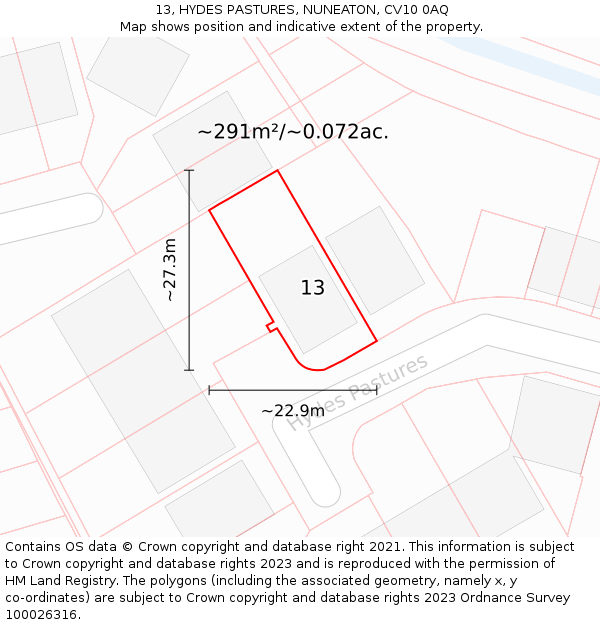 13, HYDES PASTURES, NUNEATON, CV10 0AQ: Plot and title map