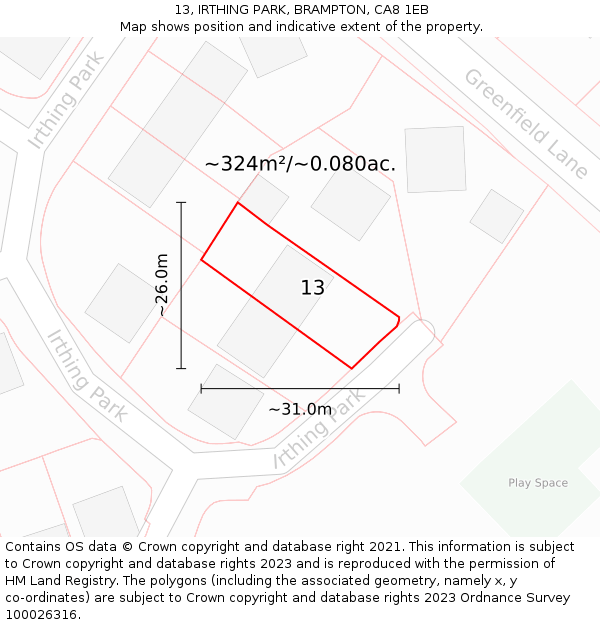 13, IRTHING PARK, BRAMPTON, CA8 1EB: Plot and title map