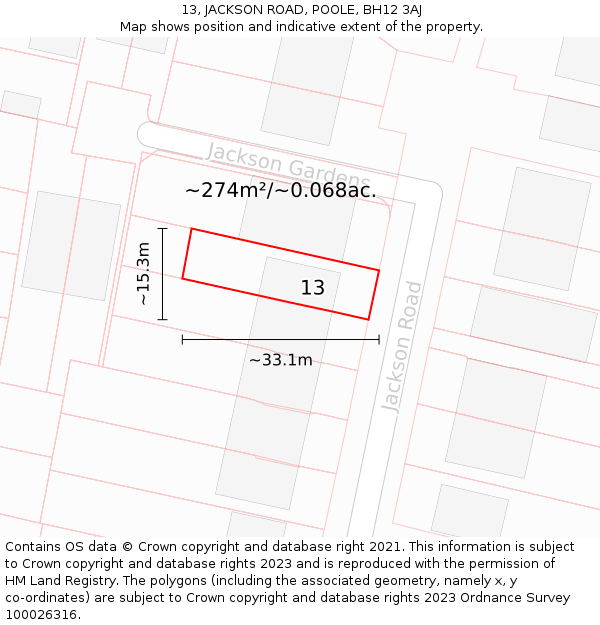 13, JACKSON ROAD, POOLE, BH12 3AJ: Plot and title map