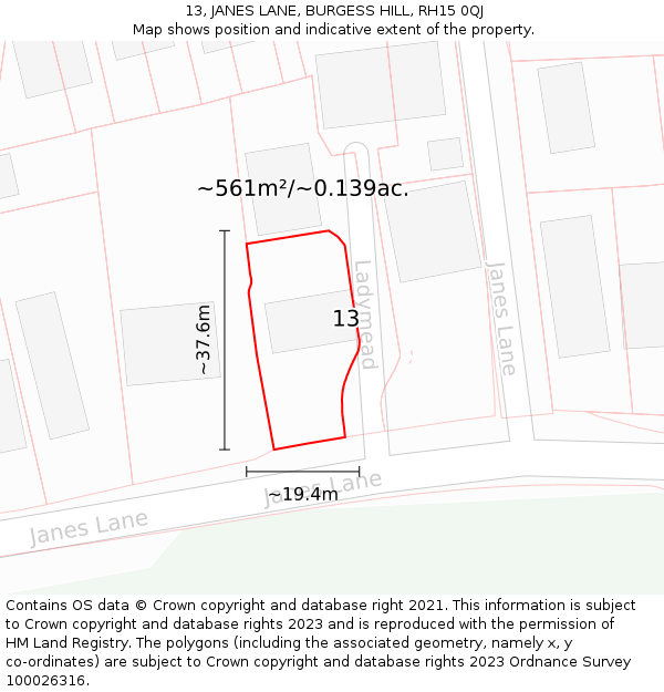 13, JANES LANE, BURGESS HILL, RH15 0QJ: Plot and title map