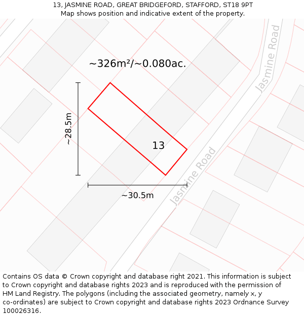 13, JASMINE ROAD, GREAT BRIDGEFORD, STAFFORD, ST18 9PT: Plot and title map