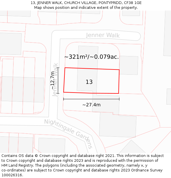 13, JENNER WALK, CHURCH VILLAGE, PONTYPRIDD, CF38 1GE: Plot and title map