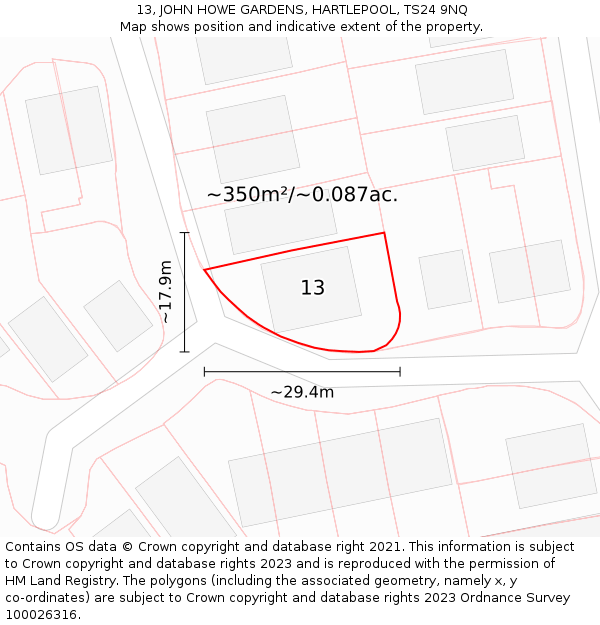 13, JOHN HOWE GARDENS, HARTLEPOOL, TS24 9NQ: Plot and title map