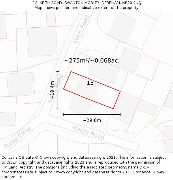 13, KEITH ROAD, SWANTON MORLEY, DEREHAM, NR20 4NQ: Plot and title map