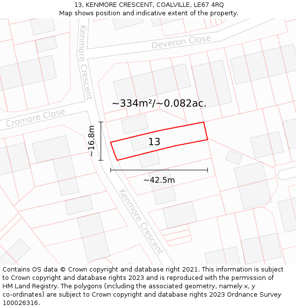 13, KENMORE CRESCENT, COALVILLE, LE67 4RQ: Plot and title map