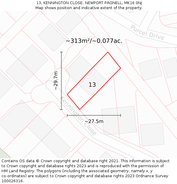 13, KENNINGTON CLOSE, NEWPORT PAGNELL, MK16 0NJ: Plot and title map