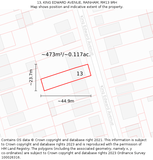 13, KING EDWARD AVENUE, RAINHAM, RM13 9RH: Plot and title map