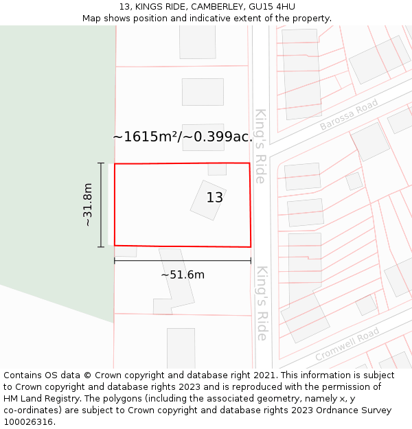 13, KINGS RIDE, CAMBERLEY, GU15 4HU: Plot and title map