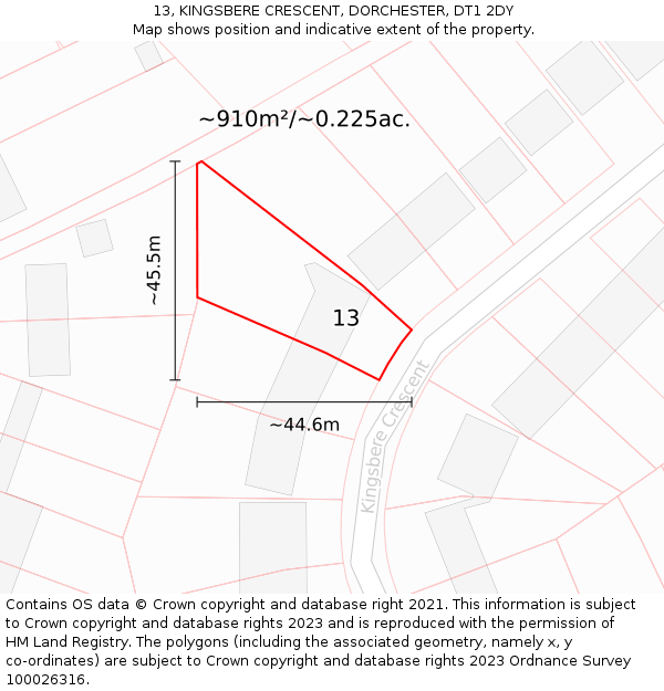 13, KINGSBERE CRESCENT, DORCHESTER, DT1 2DY: Plot and title map