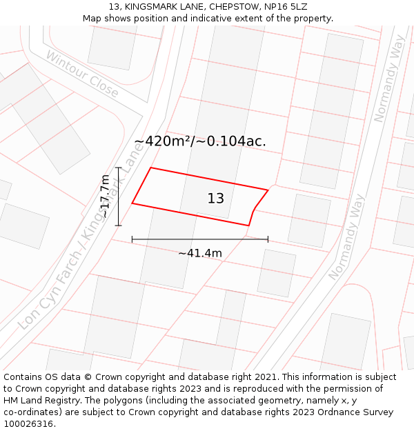 13, KINGSMARK LANE, CHEPSTOW, NP16 5LZ: Plot and title map