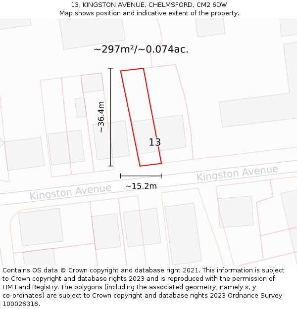 13, KINGSTON AVENUE, CHELMSFORD, CM2 6DW: Plot and title map