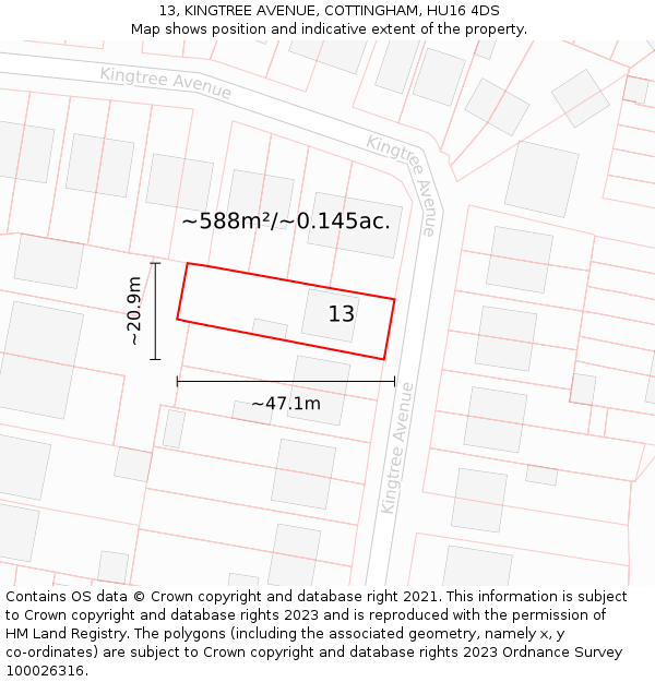 13, KINGTREE AVENUE, COTTINGHAM, HU16 4DS: Plot and title map