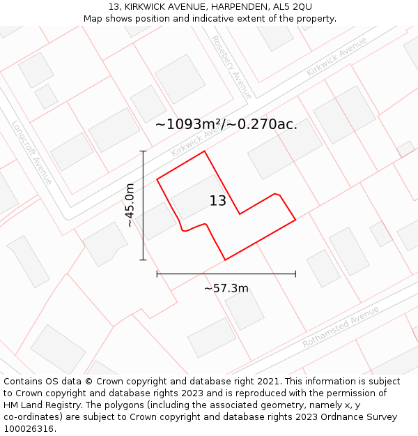 13, KIRKWICK AVENUE, HARPENDEN, AL5 2QU: Plot and title map