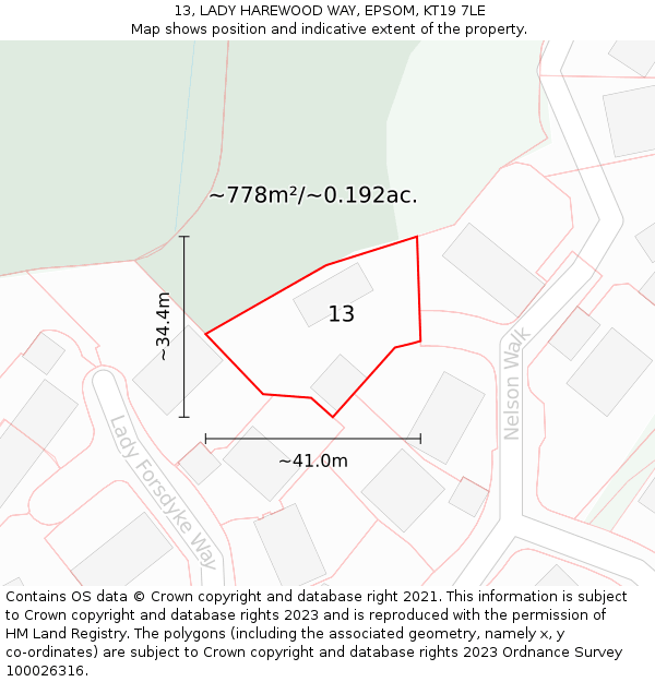 13, LADY HAREWOOD WAY, EPSOM, KT19 7LE: Plot and title map