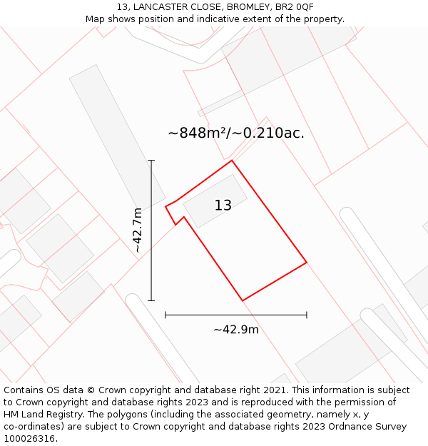 13, LANCASTER CLOSE, BROMLEY, BR2 0QF: Plot and title map