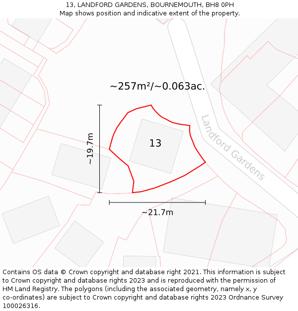 13, LANDFORD GARDENS, BOURNEMOUTH, BH8 0PH: Plot and title map