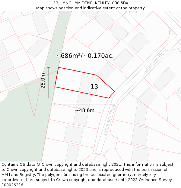 13, LANGHAM DENE, KENLEY, CR8 5BX: Plot and title map