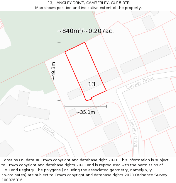 13, LANGLEY DRIVE, CAMBERLEY, GU15 3TB: Plot and title map