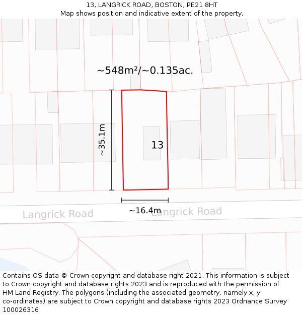 13, LANGRICK ROAD, BOSTON, PE21 8HT: Plot and title map