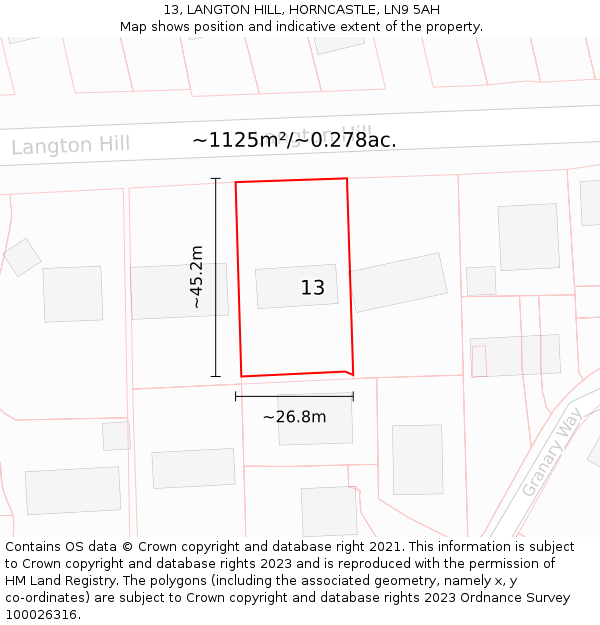 13, LANGTON HILL, HORNCASTLE, LN9 5AH: Plot and title map