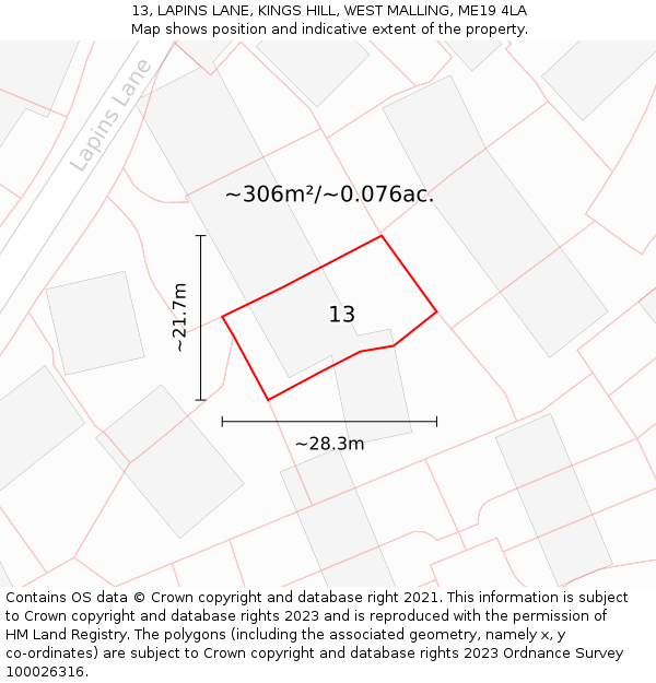 13, LAPINS LANE, KINGS HILL, WEST MALLING, ME19 4LA: Plot and title map