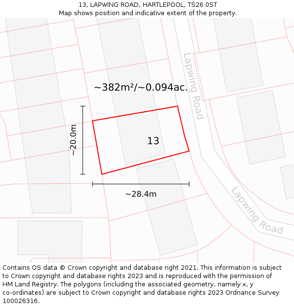 13, LAPWING ROAD, HARTLEPOOL, TS26 0ST: Plot and title map