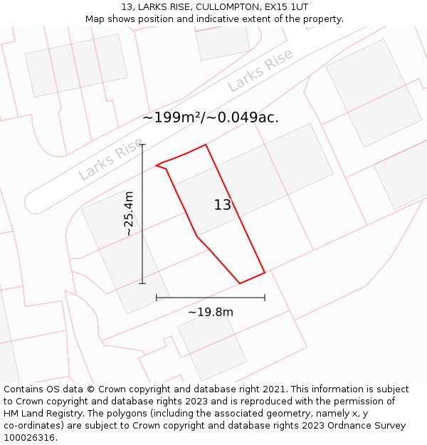 13, LARKS RISE, CULLOMPTON, EX15 1UT: Plot and title map