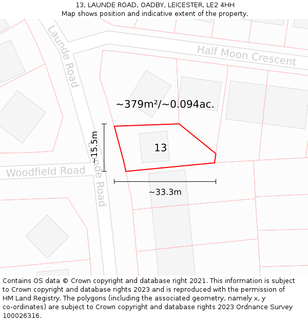 13, LAUNDE ROAD, OADBY, LEICESTER, LE2 4HH: Plot and title map