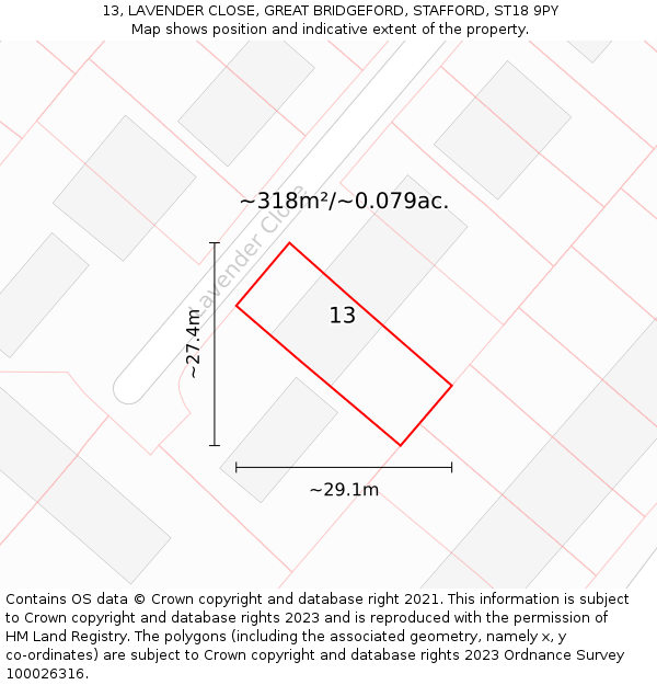 13, LAVENDER CLOSE, GREAT BRIDGEFORD, STAFFORD, ST18 9PY: Plot and title map