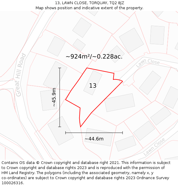 13, LAWN CLOSE, TORQUAY, TQ2 8JZ: Plot and title map