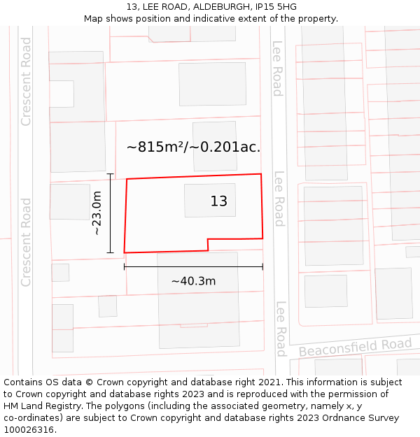 13, LEE ROAD, ALDEBURGH, IP15 5HG: Plot and title map