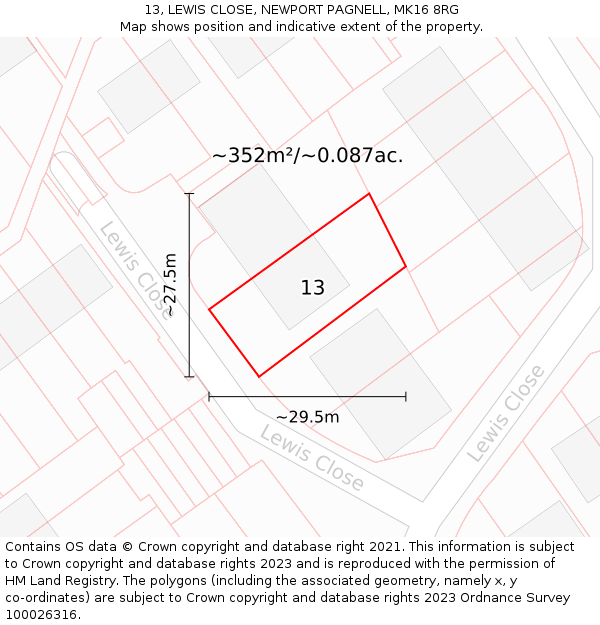 13, LEWIS CLOSE, NEWPORT PAGNELL, MK16 8RG: Plot and title map