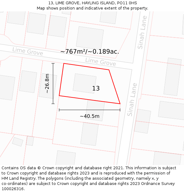 13, LIME GROVE, HAYLING ISLAND, PO11 0HS: Plot and title map