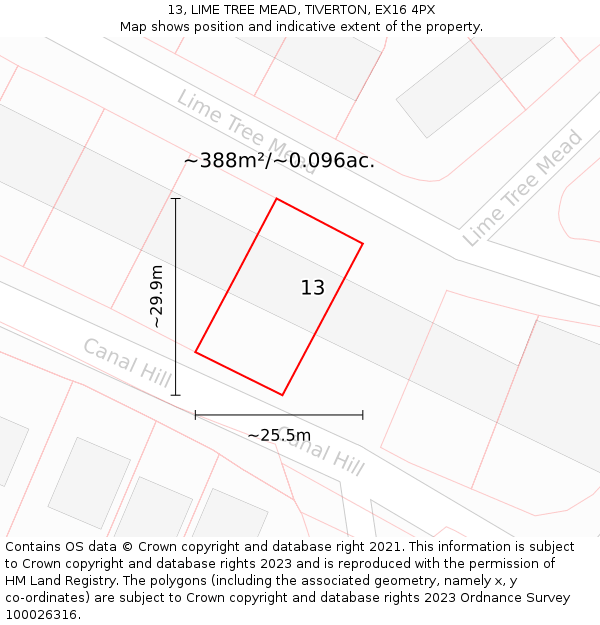 13, LIME TREE MEAD, TIVERTON, EX16 4PX: Plot and title map