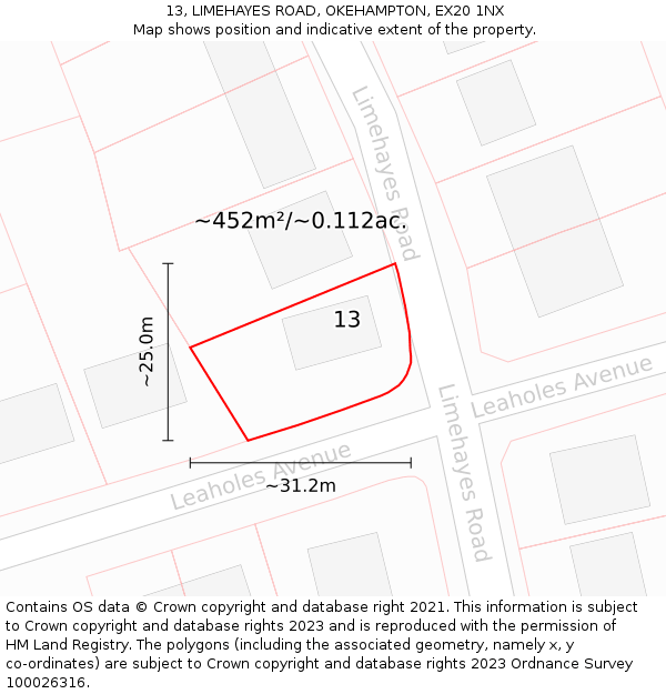 13, LIMEHAYES ROAD, OKEHAMPTON, EX20 1NX: Plot and title map