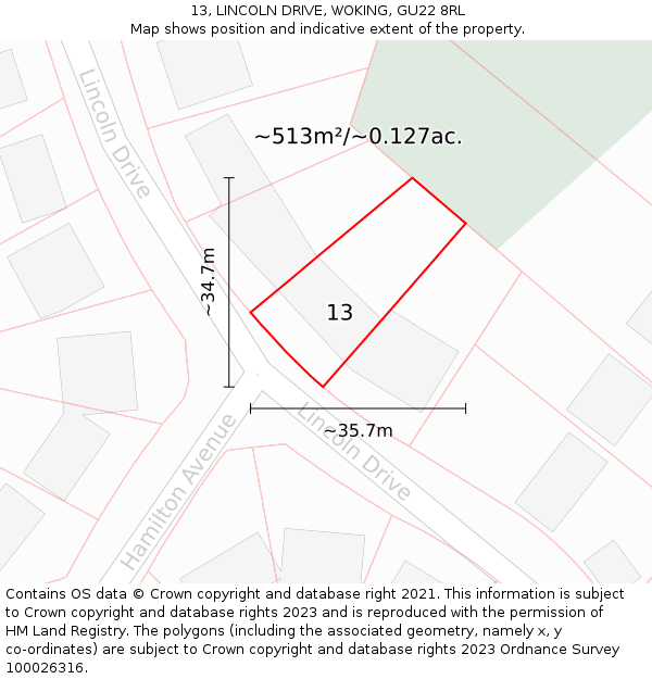 13, LINCOLN DRIVE, WOKING, GU22 8RL: Plot and title map