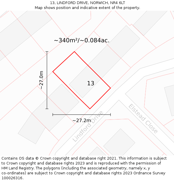 13, LINDFORD DRIVE, NORWICH, NR4 6LT: Plot and title map