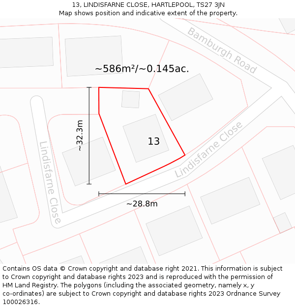 13, LINDISFARNE CLOSE, HARTLEPOOL, TS27 3JN: Plot and title map