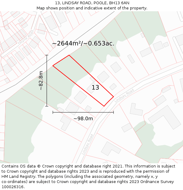 13, LINDSAY ROAD, POOLE, BH13 6AN: Plot and title map