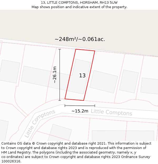 13, LITTLE COMPTONS, HORSHAM, RH13 5UW: Plot and title map