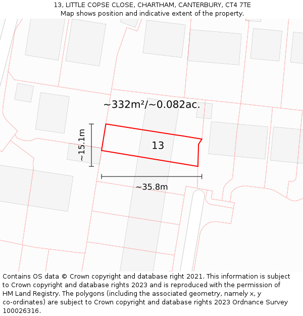 13, LITTLE COPSE CLOSE, CHARTHAM, CANTERBURY, CT4 7TE: Plot and title map