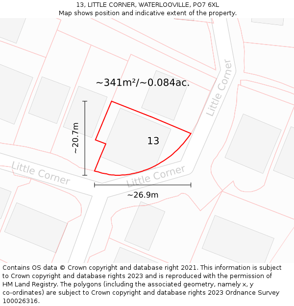 13, LITTLE CORNER, WATERLOOVILLE, PO7 6XL: Plot and title map