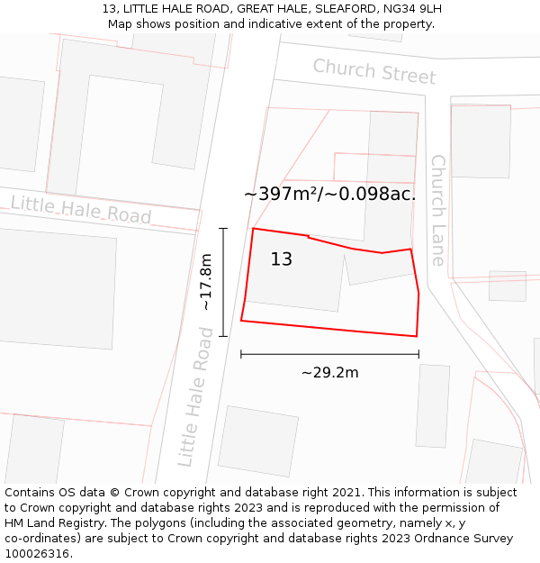 13, LITTLE HALE ROAD, GREAT HALE, SLEAFORD, NG34 9LH: Plot and title map