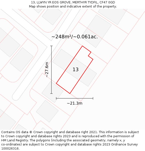 13, LLWYN YR EOS GROVE, MERTHYR TYDFIL, CF47 0GD: Plot and title map