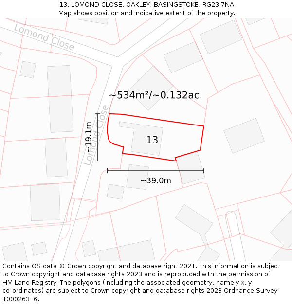 13, LOMOND CLOSE, OAKLEY, BASINGSTOKE, RG23 7NA: Plot and title map