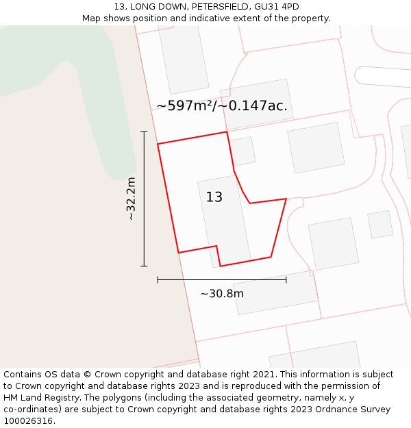 13, LONG DOWN, PETERSFIELD, GU31 4PD: Plot and title map