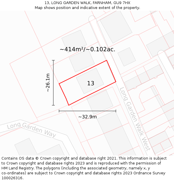 13, LONG GARDEN WALK, FARNHAM, GU9 7HX: Plot and title map