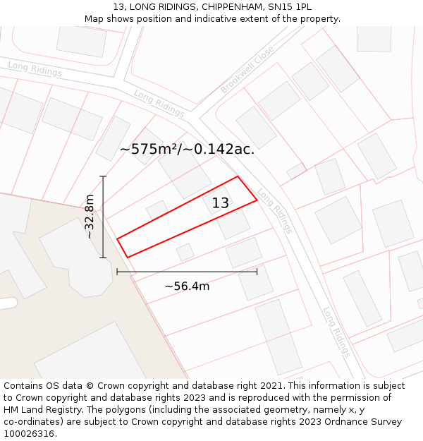 13, LONG RIDINGS, CHIPPENHAM, SN15 1PL: Plot and title map