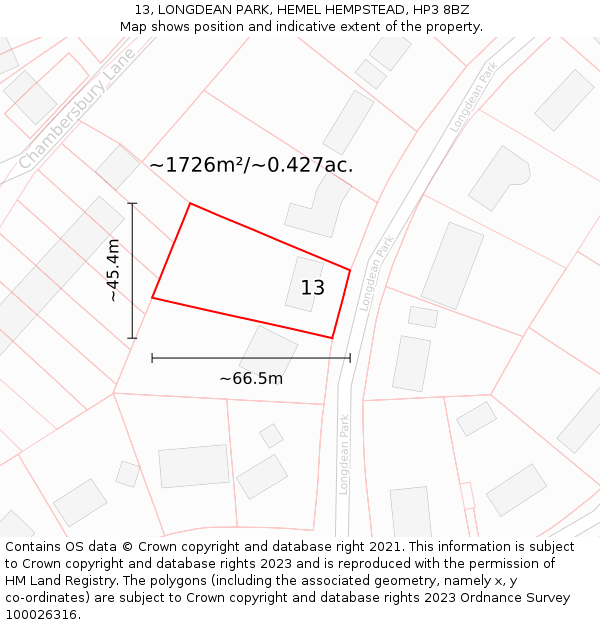 13, LONGDEAN PARK, HEMEL HEMPSTEAD, HP3 8BZ: Plot and title map
