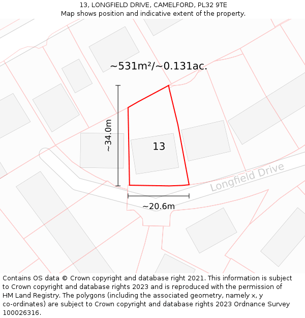 13, LONGFIELD DRIVE, CAMELFORD, PL32 9TE: Plot and title map